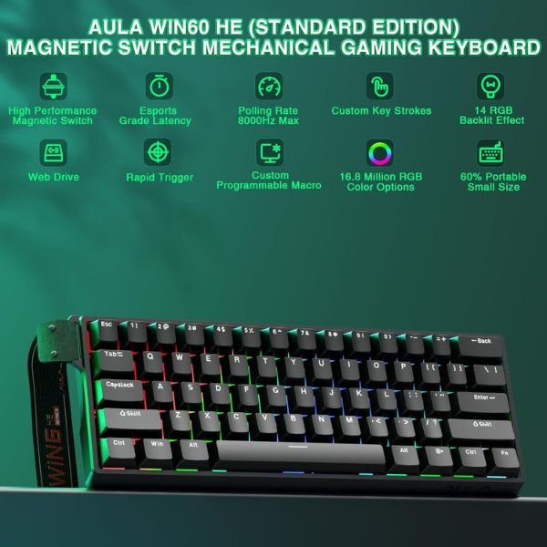 AULA WIN60 HE 60% RGB Mechanical Wired Gaming Keyboard | Hall Effect Magnetic Switches For PC/Mac | Black – Graywood Magnetic Switch (WIN60BW)