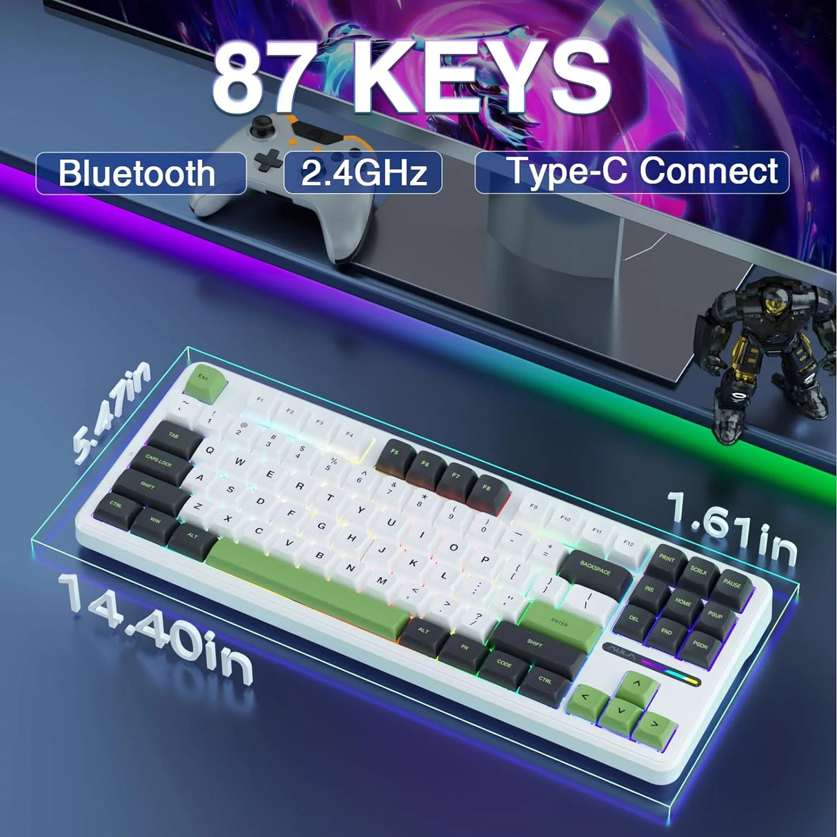 AULA F87 Wireless Trio Mode Mechanical Gaming Keyboard (F87GW)