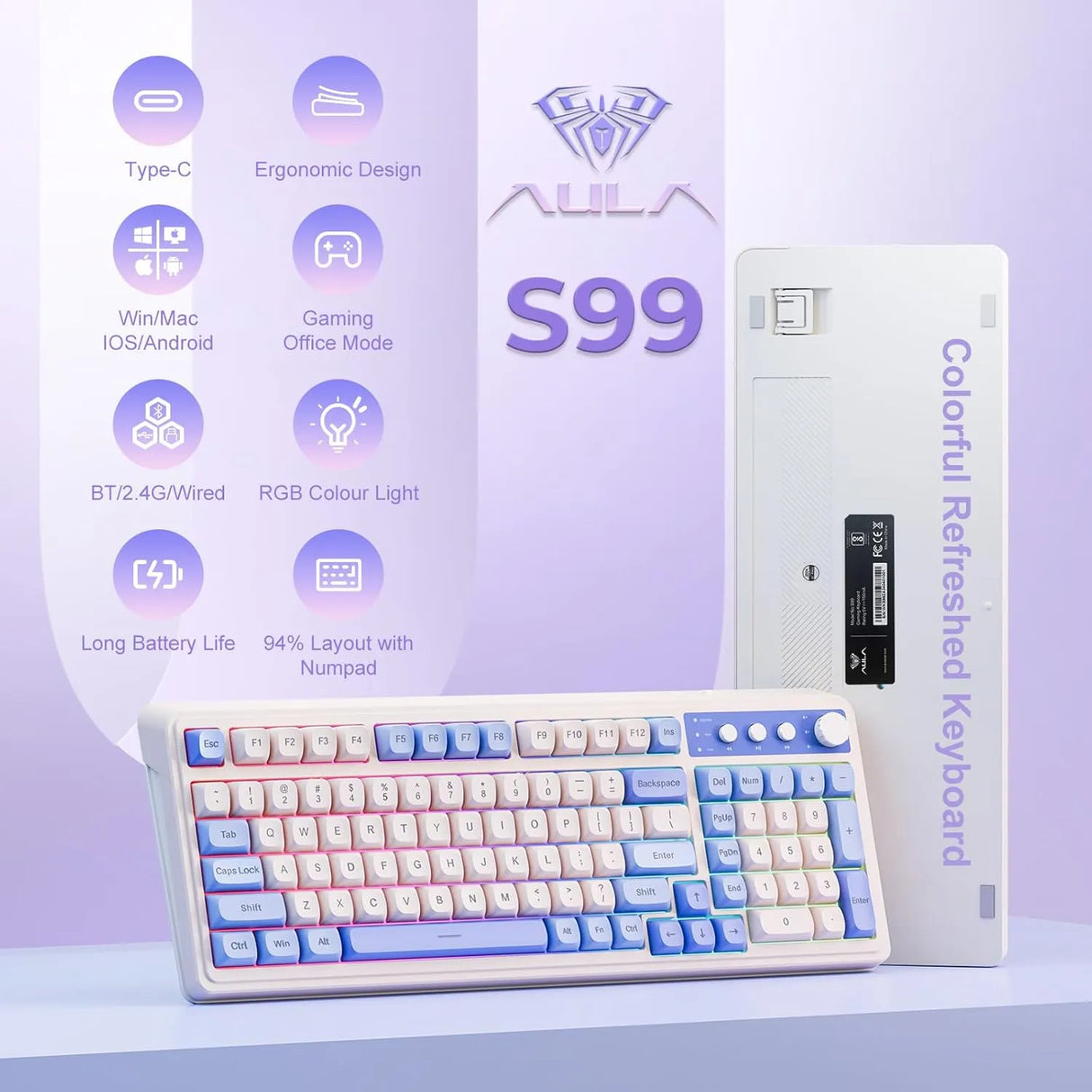 AULA S99 3 in 1 Membrane Programmable Tri-Mode Keyboard(S99UW)