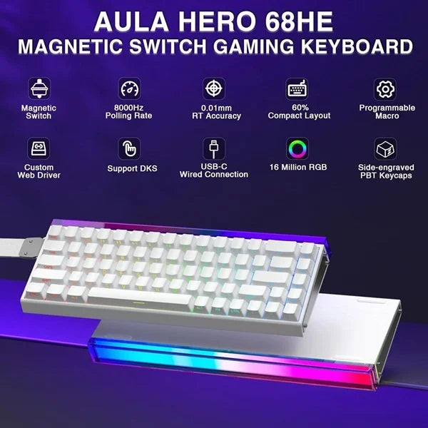 AULA Hero 68HE 60% Side Printed PBT Keycaps Wired Gaming Keyboard | White Side Engraved Keycaps – Meteor Magnetic Switch (HERO68WM)