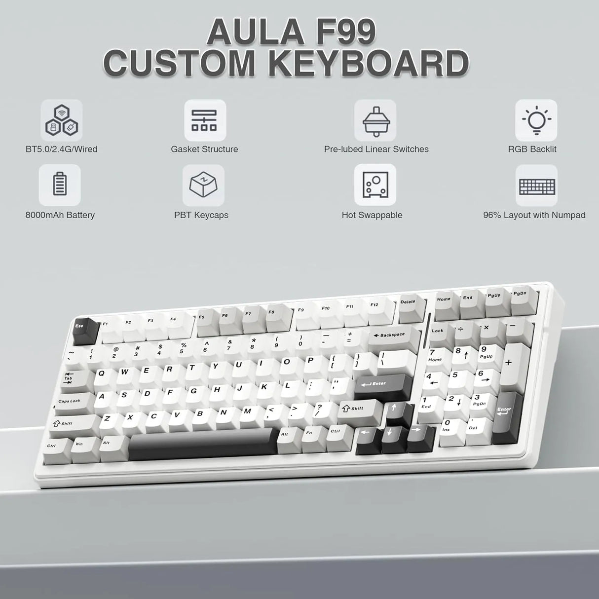 AULA F99 3 in 1 Hot Swappable RGB Gasket Wireless Mechanical Gaming Keyboard (F99GrWW)