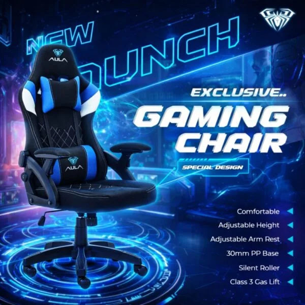 AULA F016 Ergonomic Premium Gaming & Computer Chair | Adjustable Nylon Armrests With Soft Pad | Locking-Tilt Function, Gas Lift Function | Black+Blue (F016BU)