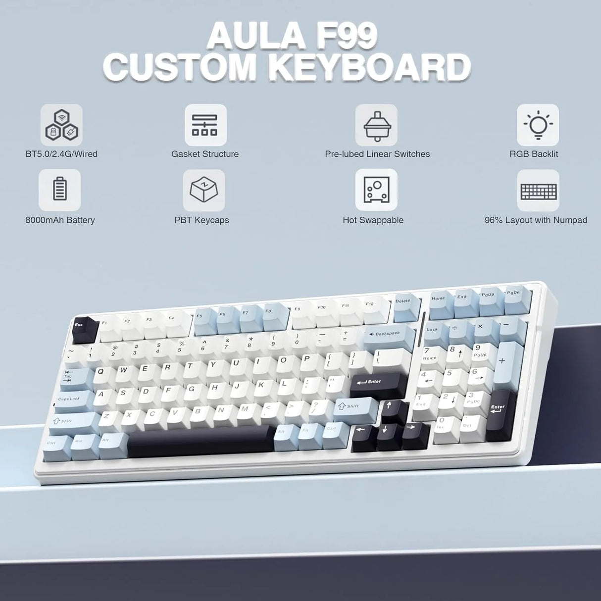AULA F99 3 in 1 Hot Swappable RGB Gasket Wireless Mechanical Gaming Keyboard (F99IUR)