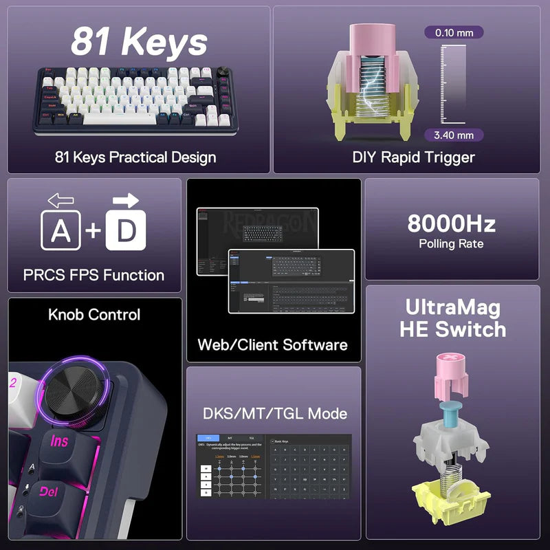Redragon Ucal K673 - 81 Keys 8K Wired RGB Mechanical Keyboard Blue and White (Magnetic Switch)