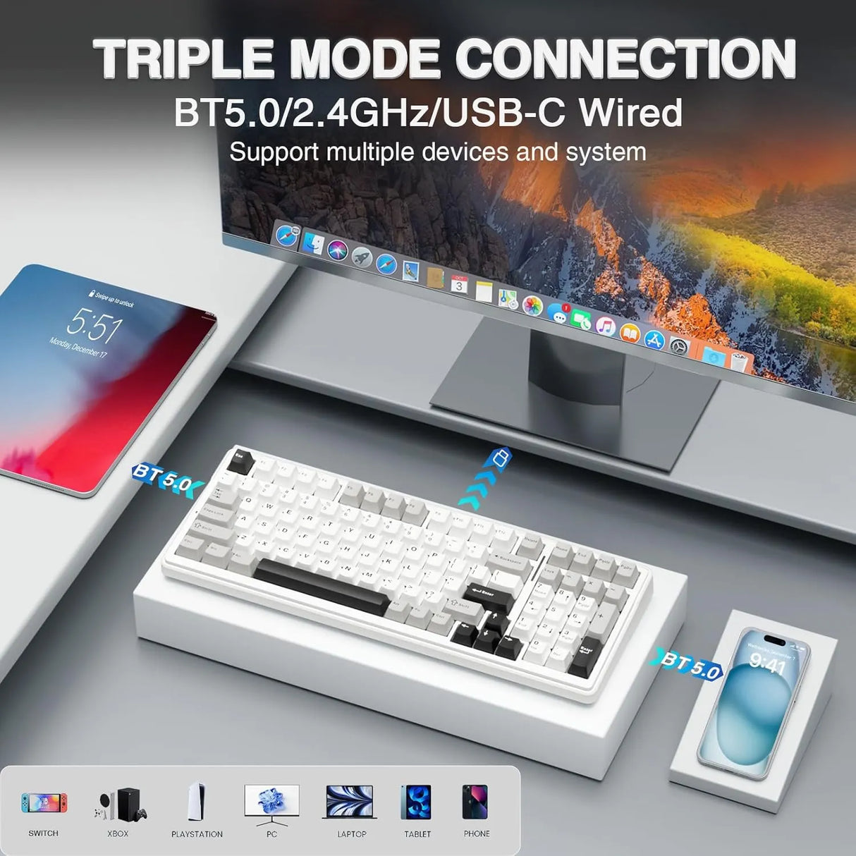 AULA F99 3 in 1 Hot Swappable RGB Gasket Wireless Mechanical Gaming Keyboard (F99GrWW)