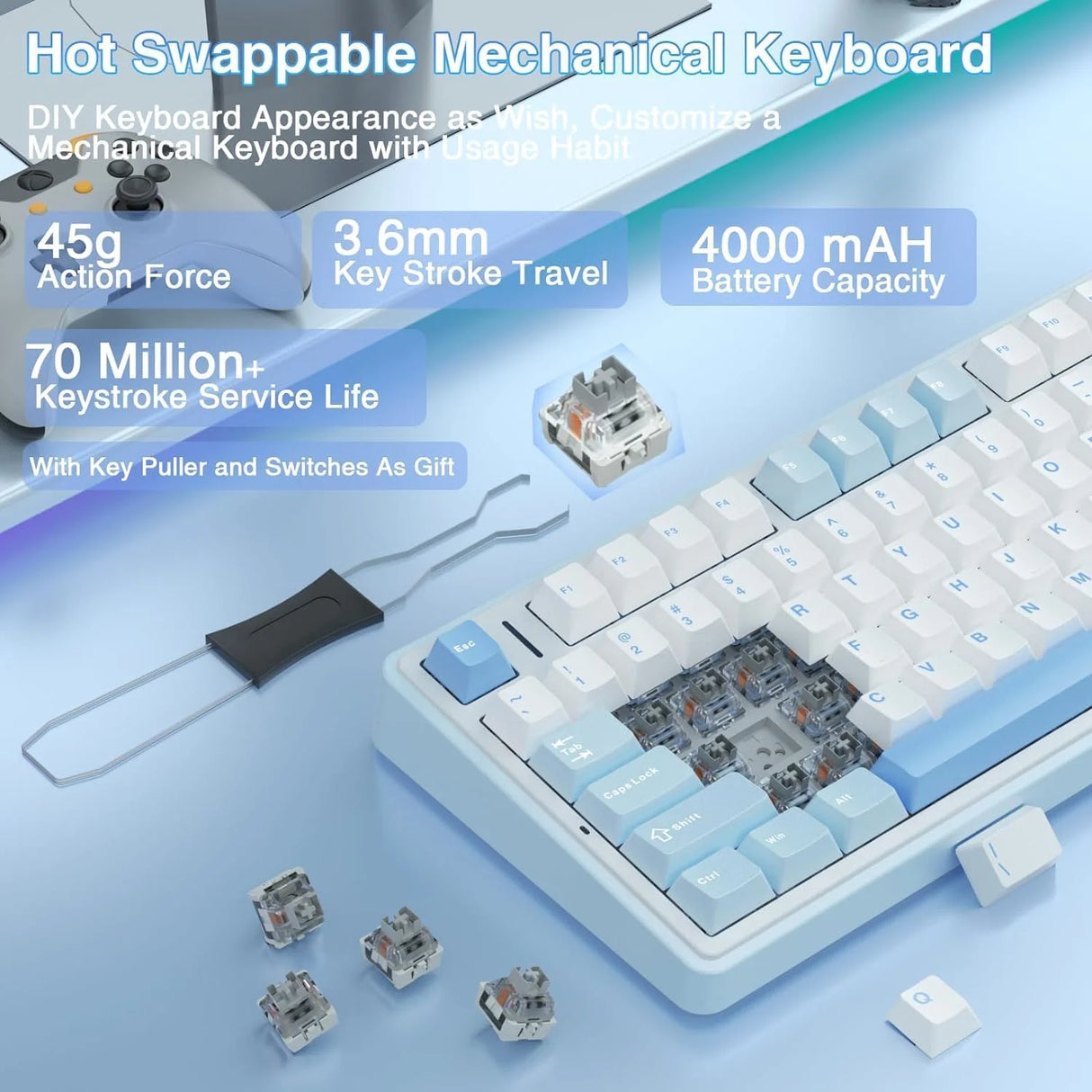 AULA F75 Wireless Trio Mode Mechanical Gaming Keyboard With Knob Sea Blue | Graywood Switch (F75SUW)