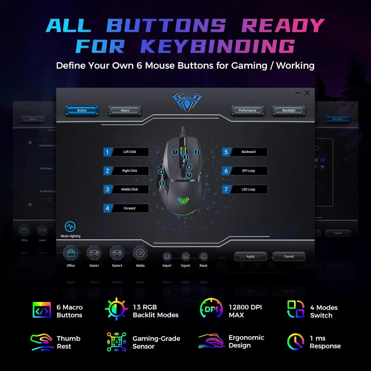 Aula F815 RGB Wired Gaming Mouse 1200-12800 DPI | PC Gaming Mouse (F815B)