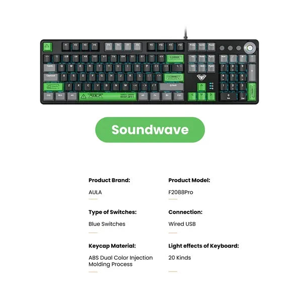 Aula F2088Pro Mechanical Gaming Keyboard | Black+ Grey + Green (F2088 ProBGrG)