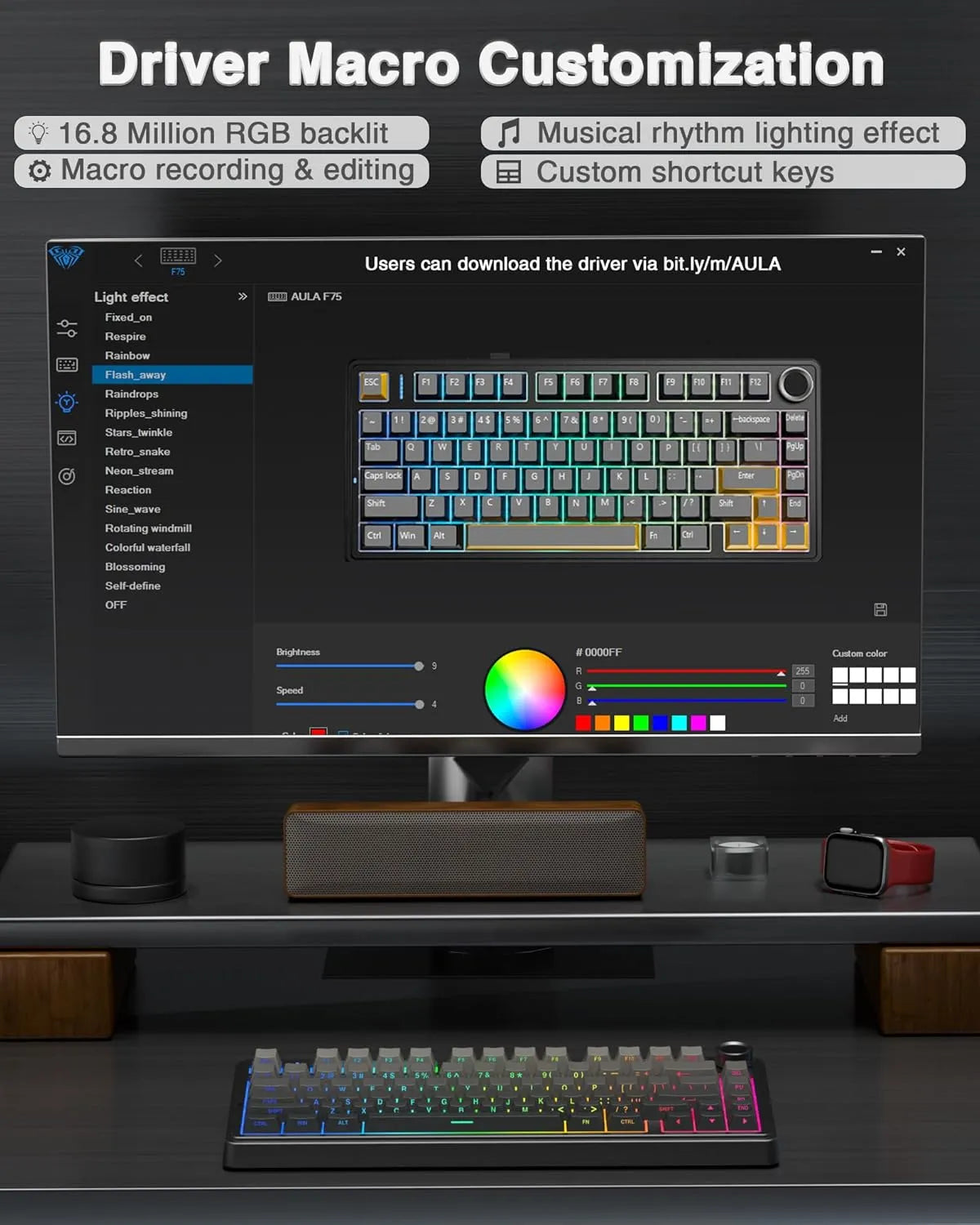 AULA F75 Side Engraved Keycaps 3 in 1 Hot Swappable Wireless Mechanical Keyboard Gradient Gray | Reaper Switch (F75GrR)