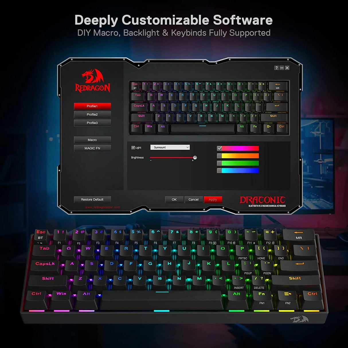 Draconic Pro K530 Pro - 60% Bluetooth+24.Ghz+wired Mechanical Keyboard (Red Switch)