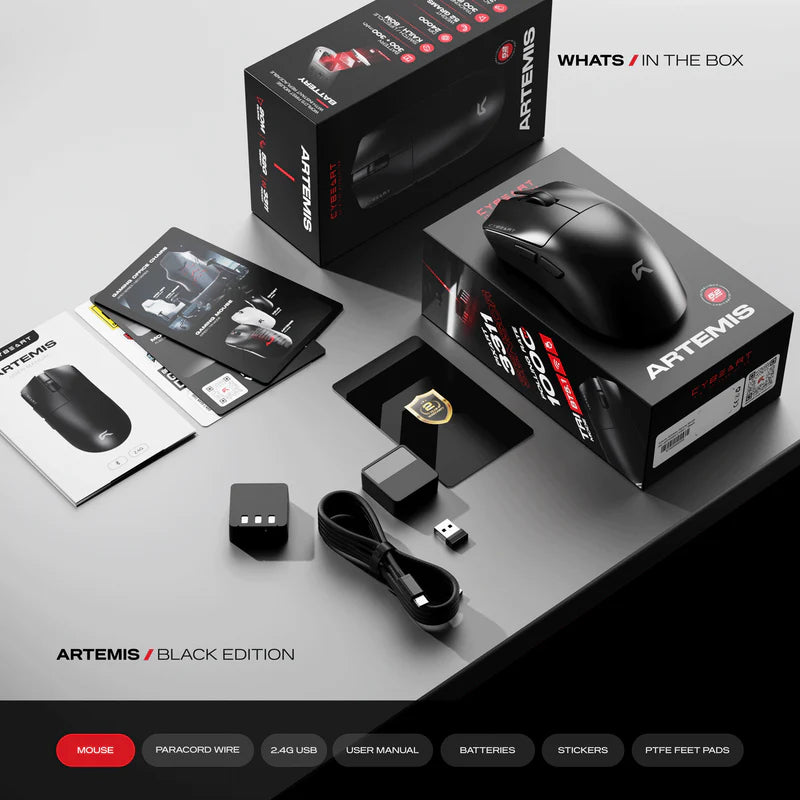 Cybeart Artemis - 1K 52g Ultra-light Hot-Swap Battery Tri-Mode Wireless Gaming Mouse - Black