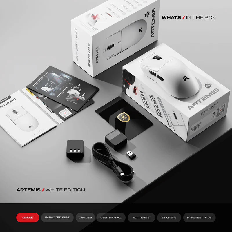 Cybeart Artemis - 1K 52g Ultra-light Hot-Swap Battery Tri-Mode Wireless Gaming Mouse - White 