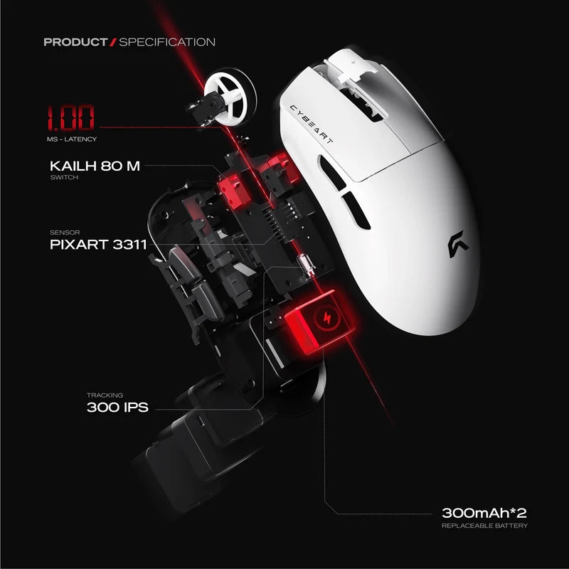 Cybeart Artemis - 1K 52g Ultra-light Hot-Swap Battery Tri-Mode Wireless Gaming Mouse - White 