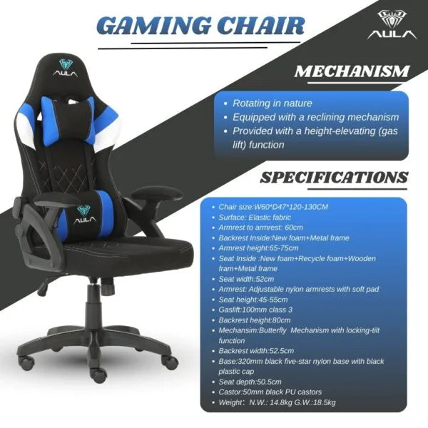 AULA F016 Ergonomic Premium Gaming & Computer Chair | Adjustable Nylon Armrests With Soft Pad | Locking-Tilt Function, Gas Lift Function | Black+Blue (F016BU)