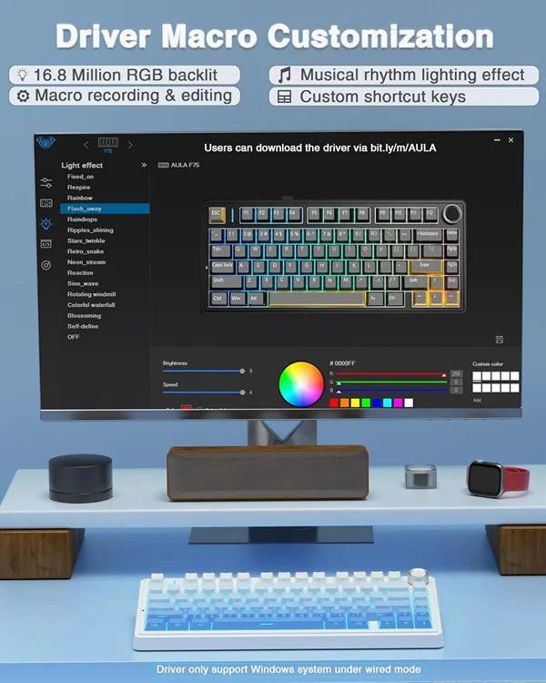 AULA F75 75% Wireless Trio Mode Mechanical Gaming Keyboard With Knob | Side-Engraved Blue, Star-Vector (Seiya) Switch (F75US)