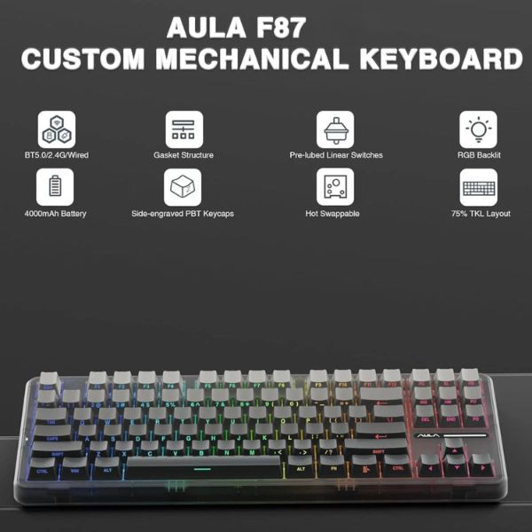 AULA F87 Side-Engraved Keycaps Wireless Tri Mode (2.4GHz/Type-C/BT) RGB Mechanical Gaming Keyboard