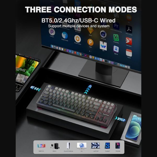 AULA F87 Side-Engraved Keycaps Wireless Tri Mode (2.4GHz/Type-C/BT) RGB Mechanical Gaming Keyboard