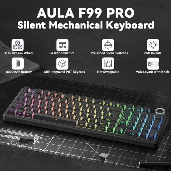 AULA F99 Pro 96% Side-Engraved Keycaps Tri-Mode Wireless Full Size Mechanical Gaming Keyboard With Knob | Gradient Gray, Nimbus Switch (F99ProGrN)