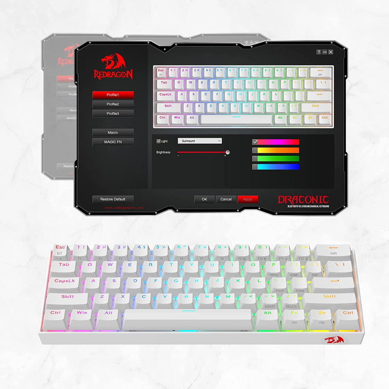 Draconic Pro K530 Pro - 60% Bluetooth+2.4Ghz+wired Mechanical Keyboard White (Red Switch)