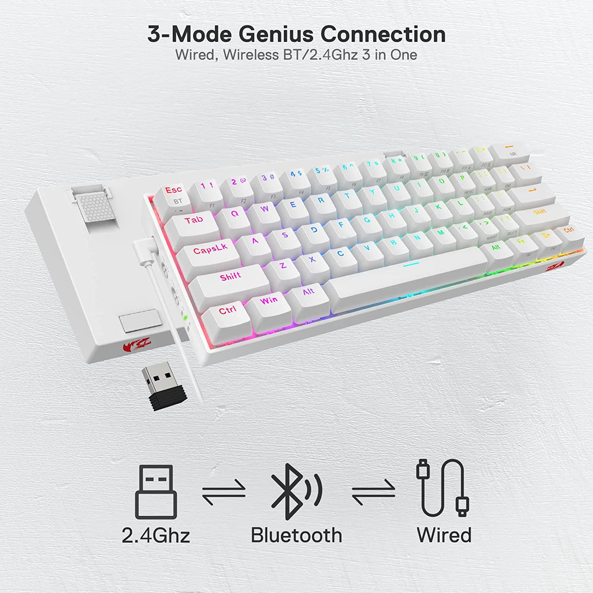 Draconic Pro K530 Pro - 60% Bluetooth+2.4Ghz+wired Mechanical Keyboard White (Red Switch)