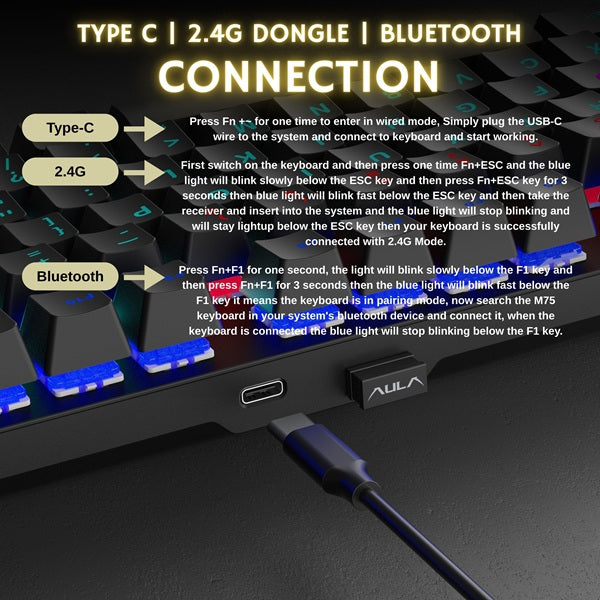 AULA M75 Tri-Mode (2.4G/Bluetooth/Wired) TKL Mechanical Gaming Keyboard With Knob