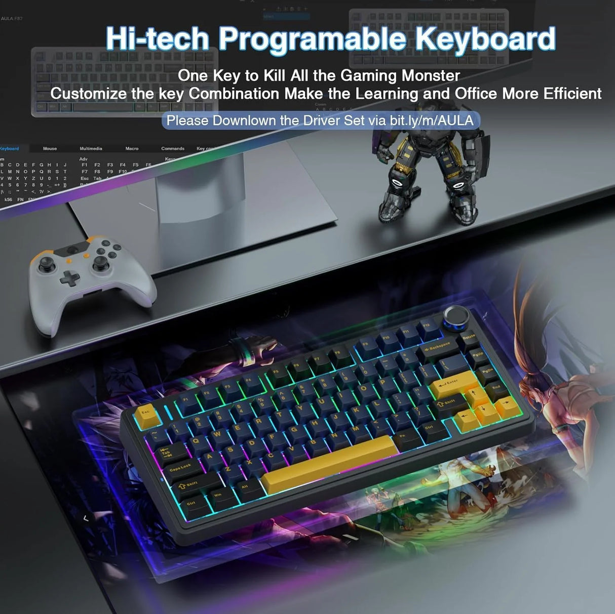 AULA F75 Wireless Trio Mode Mechanical Gaming Keyboard With Knob Thunder Black | Graywood Switch (F75TBW)