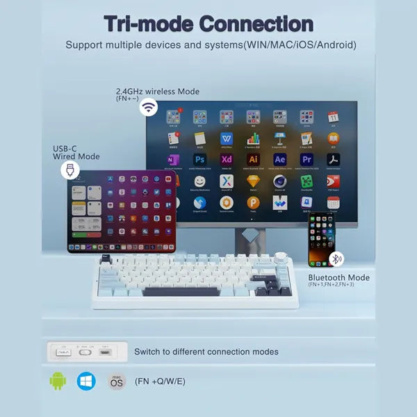 AULA F75 Wireless Trio Mode Mechanical Gaming Keyboard With Knob Ice Blue | Reaper Switch (F75IUR)