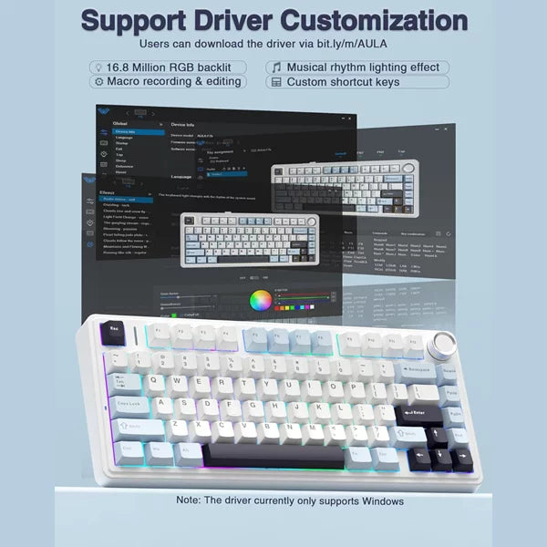 AULA F75 Wireless Trio Mode Mechanical Gaming Keyboard With Knob Ice Blue | Reaper Switch (F75IUR)