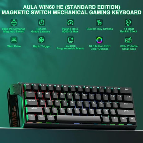 AULA WIN60 HE 60% RGB Mechanical Wired Gaming Keyboard | Hall Effect Magnetic Switches For PC/Mac | Black – Graywood Magnetic Switch (WIN60BW)