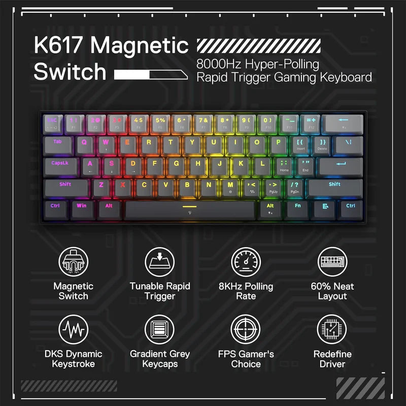 Redragon Fizz K617 60% Wired Mechanical Keyboard Mystic Grey (Magnetic Switch