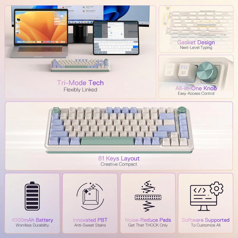 Redragon Ucal Pro K673 Pro - 65% Wired+2.4Ghz+Bluetooth Mechanical Keyboard Vintage Blue (Linear Red Switch)