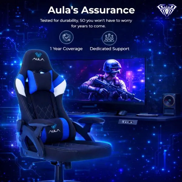 AULA F016 Ergonomic Premium Gaming & Computer Chair | Adjustable Nylon Armrests With Soft Pad | Locking-Tilt Function, Gas Lift Function | Black+Blue (F016BU)