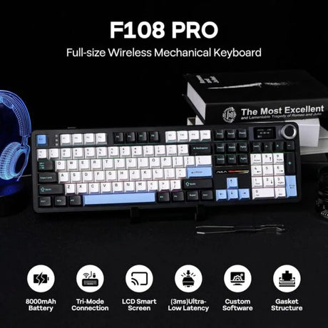 AULA F108Pro 3 in 1 (2.4G/BT/Wired) Full Size Wireless RGB Mechanical Gaming Keyboard With Screen & Knob | Retro Color, Reaper Switch (F108ProRR)
