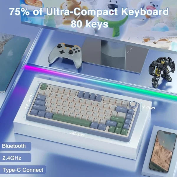 AULA F75 75% Wireless Trio Mode Mechanical Gaming Keyboard With Knob | Cedar Green, Ice Vein Switch (F75CGV)