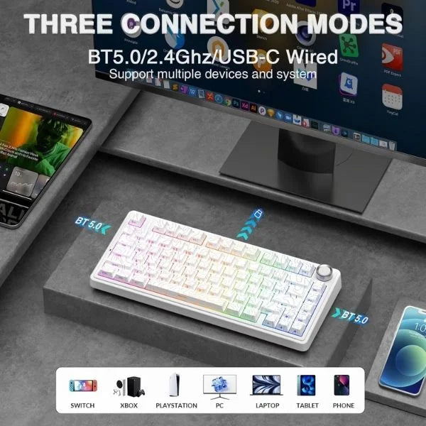 AULA F75 75% Wireless Trio Mode Mechanical Gaming Keyboard With Knob | White Contour, Star-Vector (Seiya) Switch (F75WCS)