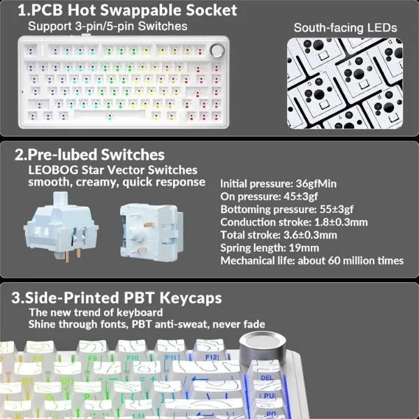 AULA F75 75% Wireless Trio Mode Mechanical Gaming Keyboard With Knob | White Contour, Star-Vector (Seiya) Switch (F75WCS)