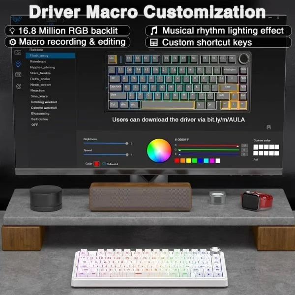 AULA F75 75% Wireless Trio Mode Mechanical Gaming Keyboard With Knob | White Contour, Star-Vector (Seiya) Switch (F75WCS)
