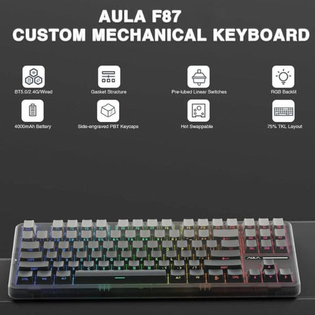 AULA F87 Side-Engraved Keycaps Wireless Tri Mode (2.4GHz/Type-C/BT) RGB Mechanical Gaming Keyboard