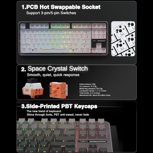 AULA F87 Side-Engraved Keycaps Wireless Tri Mode (2.4GHz/Type-C/BT) RGB Mechanical Gaming Keyboard