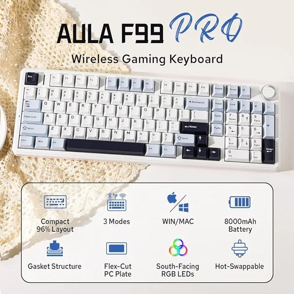 AULA F99 Pro 96% Tri-Mode Wireless Full Size Mechanical Gaming Keyboard With Knob | Ice Blue, Star Vector (Seiya) Switch (F99ProIUS)