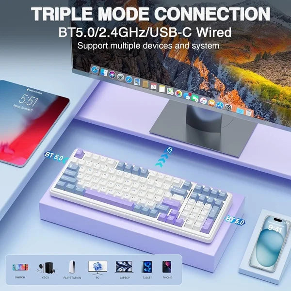 AULA F99 Tri-Mode (2.4G/Wired/BT) Hot Swappable RGB Wireless Full Size Mechanical Gaming Keyboard | Blue White, Crescent Switch (F99UWCr)