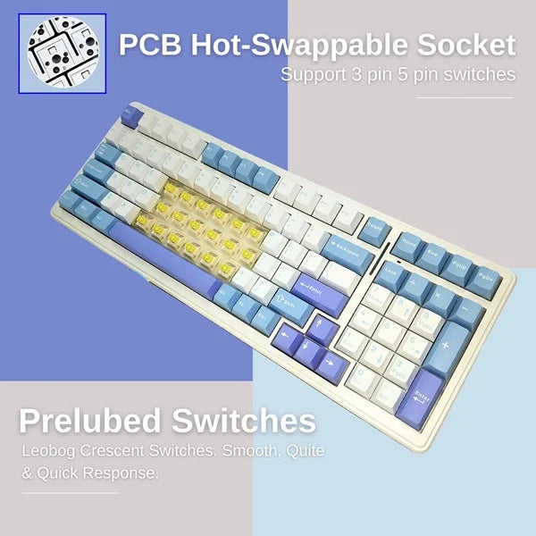 AULA F99 Tri-Mode (2.4G/Wired/BT) Hot Swappable RGB Wireless Full Size Mechanical Gaming Keyboard | Blue White, Crescent Switch (F99UWCr)