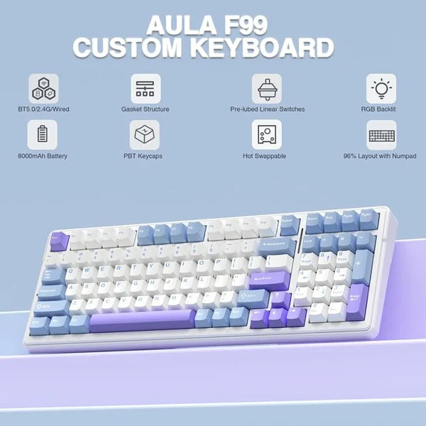 AULA F99 Tri-Mode (2.4G/Wired/BT) Hot Swappable RGB Wireless Full Size Mechanical Gaming Keyboard | Blue White, Graywood Switch (F99UWW)