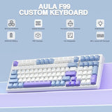 AULA F99 Tri-Mode (2.4G/Wired/BT) Hot Swappable RGB Wireless Full Size Mechanical Gaming Keyboard | Blue White, Graywood Switch (F99UWW)
