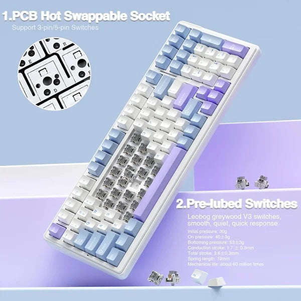 AULA F99 Tri-Mode (2.4G/Wired/BT) Hot Swappable RGB Wireless Full Size Mechanical Gaming Keyboard | Blue White, Graywood Switch (F99UWW)