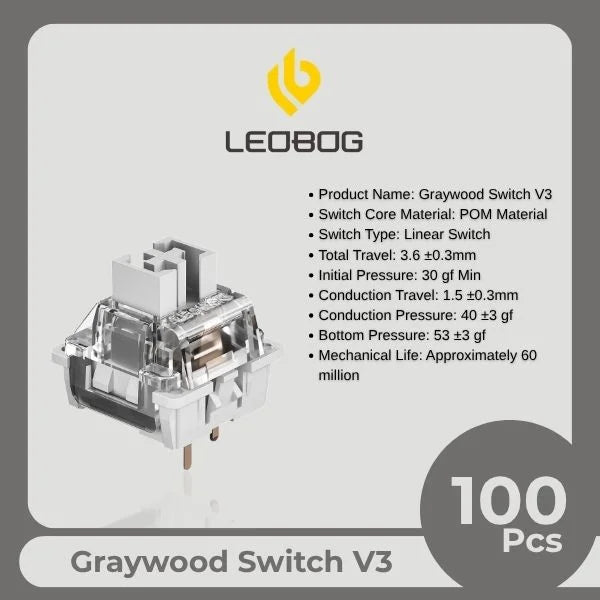 AULA LEOBOG Graywood Switch V3 – Ultra-Smooth, Silent, Pre-Lubed, Hot-Swappable, Ideal for Custom Keyboards – 100pcs (GrWS100)