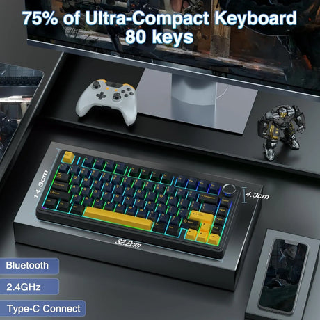 AULA F75 Wireless Trio Mode Mechanical Gaming Keyboard With Knob Thunder Black | Graywood Switch (F75TBW)