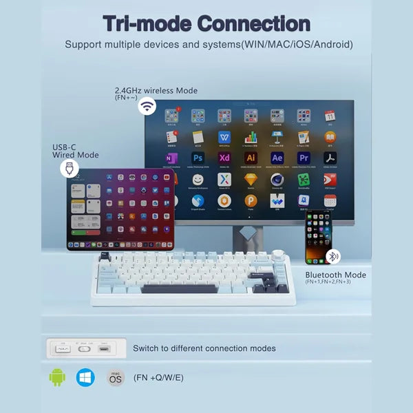 AULA F75 Wireless Trio Mode Mechanical Gaming Keyboard With Knob Ice Blue | Ice Vein Switch (F75IUV)