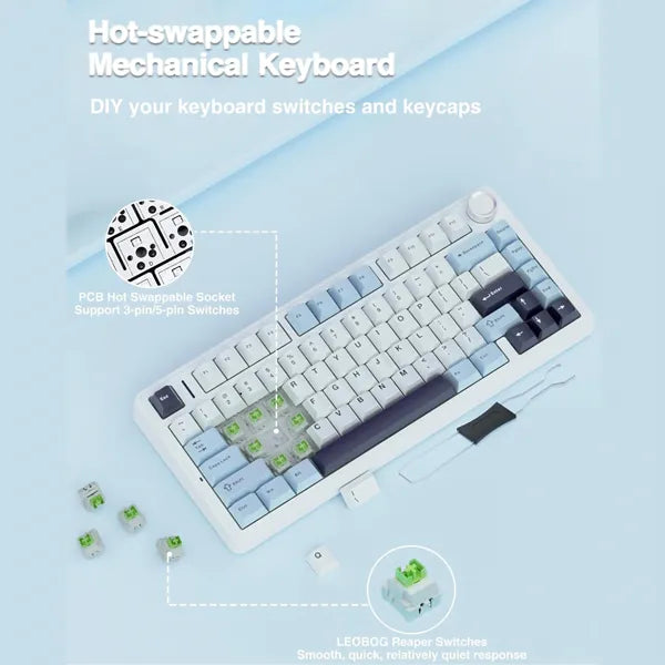 AULA F75 Wireless Trio Mode Mechanical Gaming Keyboard With Knob Ice Blue | Reaper Switch (F75IUR)